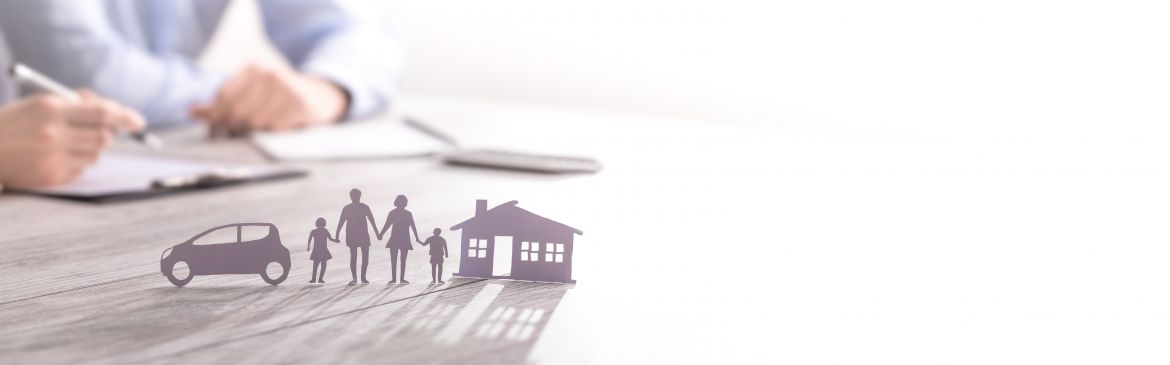 Silhouette of family, car and house